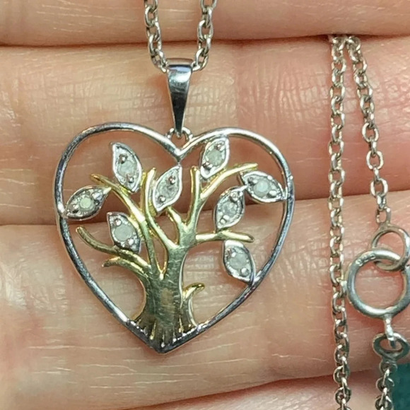 Sterling Silver Heart Tree of Life Pendant 18” Necklace CZ 925 Gold Branches MA - Picture 6 of 7